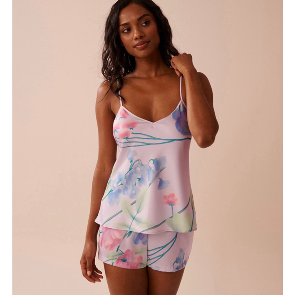 Satin Cami Shorts La Vie en Rose Pajama Set Lavender Garden Green Floral NWT